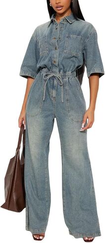 One Piece Jumpsuits for Women Denim Jumpsuits Button Wide Legs Jumpsuit Casual Outfits in Saudi Arabia