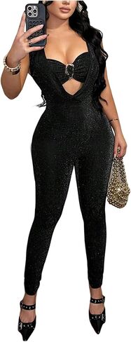 SweatyRocks Women's Sparkly Draped Front Backless Jumpsuit Sexy Sleeveless Bodycon Romper Pants Clubwear in Saudi Arabia