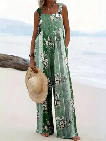 Plus Size Women's Fashionable Floral Print Loose Elegant Overalls Jumpsuit Ladies Casual Suspender Wide-Leg Jumpsuit in Kuwait