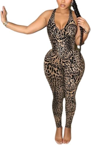 Sexy Jumpsuits for Women Deep V Neck Leopard Backless Jumpsuit Sleeveless Cheetah Bodycon Jumpsuit Going Out Outfits in Saudi Arabia