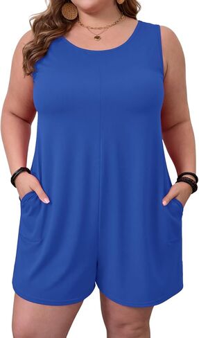 Ninee Plus Size Womens Summer Casual Loose Tank Romper Sleeveless Shorts Romper with Pockets Outfits in Kuwait