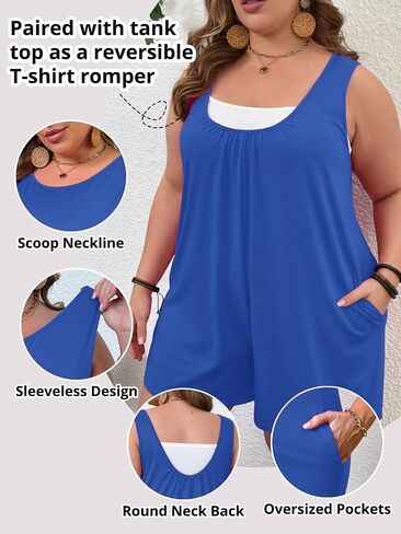 Ninee Plus Size Womens Summer Casual Loose Tank Romper Sleeveless Shorts Romper with Pockets Outfits in Kuwait