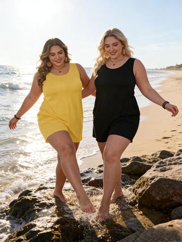 Ninee Plus Size Womens Summer Casual Loose Tank Romper Sleeveless Shorts Romper with Pockets Outfits in Kuwait