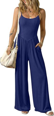 Relipop Jumpsuits for Women 2026 Summer Sleeveless Spaghetti Strap Wide Leg Date Night Jumper Romper Beach Vacation One Piece Outfits & Pockets Navy Blue Medium in Saudi Arabia
