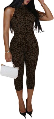 Leopard Jumpsuits for Women Sexy Print Backless Lace Up Halter Jumpsuit Bodycon Capri Pant Romper Club Outfits in Saudi Arabia