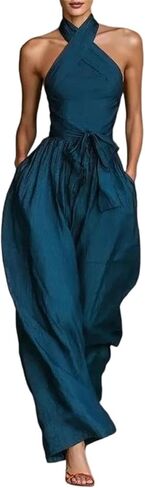 Women's Square Neck Sleeveless Jumpsuit Ribbed Knit High Waist Loose Wide Leg Jumpsuit in Kuwait