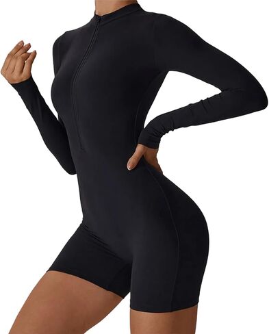 Women Black Workout Jumpsuit Zip Up Romper Bottom Shorts Bodysuit Bodycon Sexy One Piece in Kuwait