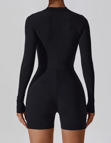 Women Black Workout Jumpsuit Zip Up Romper Bottom Shorts Bodysuit Bodycon Sexy One Piece in Kuwait