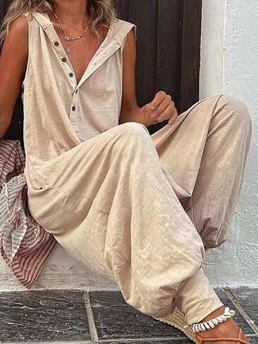 بذلة نسائية بدون أكمام بأزرار، كاجوال بلون موحد وزرة رومبير كبيرة الحجم بقلنسوة للصيف والشاطئ in Kuwait
