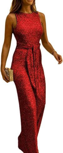 Womens Metallic Sleeveless Jumpsuits Cocktail Backless Belted High Waist Wide Leg Long Pant Romper Silver in Saudi Arabia