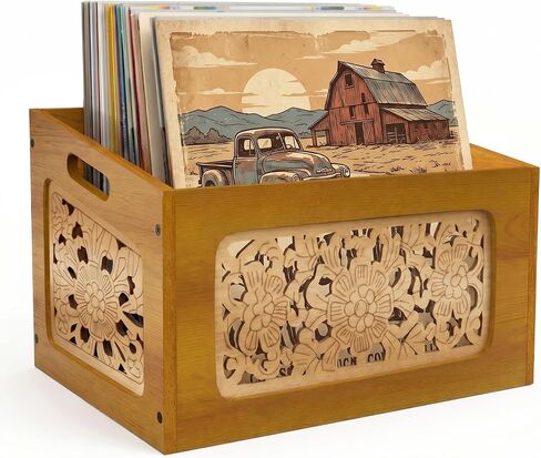 Vinyl Record Storage Crate, Wooden Record Holder for Up to 70 LPs, Boho Albums Storage Case Box & Magazine Rack Organizer with Hollow Floral Panels for Home Decor and Collection Display in Kuwait