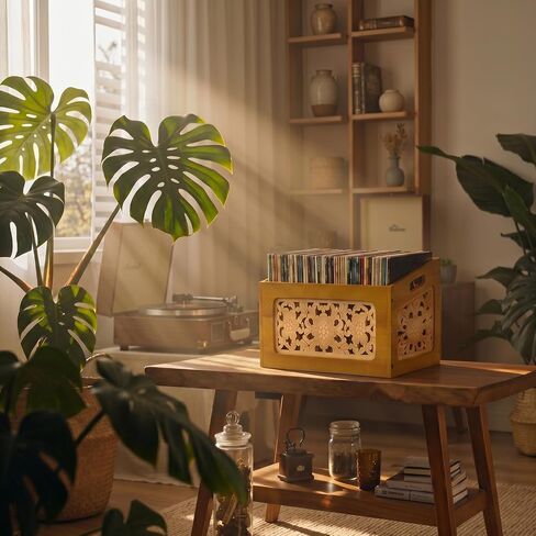 Vinyl Record Storage Crate, Wooden Record Holder for Up to 70 LPs, Boho Albums Storage Case Box & Magazine Rack Organizer with Hollow Floral Panels for Home Decor and Collection Display in Kuwait