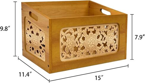 Vinyl Record Storage Crate, Wooden Record Holder for Up to 70 LPs, Boho Albums Storage Case Box & Magazine Rack Organizer with Hollow Floral Panels for Home Decor and Collection Display in Kuwait