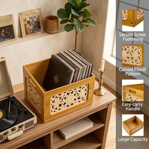 Vinyl Record Storage Crate, Wooden Record Holder for Up to 70 LPs, Boho Albums Storage Case Box & Magazine Rack Organizer with Hollow Floral Panels for Home Decor and Collection Display in Kuwait