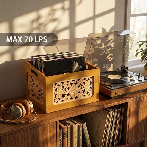 Vinyl Record Storage Crate, Wooden Record Holder for Up to 70 LPs, Boho Albums Storage Case Box & Magazine Rack Organizer with Hollow Floral Panels for Home Decor and Collection Display in Kuwait