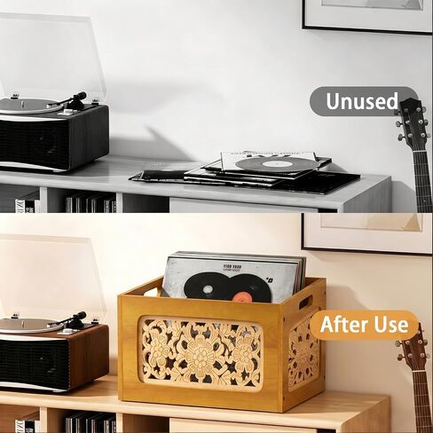 Vinyl Record Storage Crate, Wooden Record Holder for Up to 70 LPs, Boho Albums Storage Case Box & Magazine Rack Organizer with Hollow Floral Panels for Home Decor and Collection Display in Kuwait