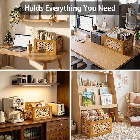Vinyl Record Storage Crate, Wooden Record Holder for Up to 70 LPs, Boho Albums Storage Case Box & Magazine Rack Organizer with Hollow Floral Panels for Home Decor and Collection Display in Kuwait