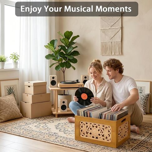 Vinyl Record Storage Crate, Wooden Record Holder for Up to 70 LPs, Boho Albums Storage Case Box & Magazine Rack Organizer with Hollow Floral Panels for Home Decor and Collection Display in Kuwait