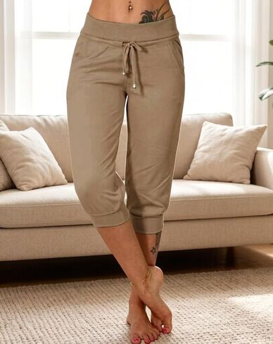 Soft Stretch Capri Joggers with Adjustable Waist, Lightweight Comfy Cropped Pants for Daily & Gym in Kuwait