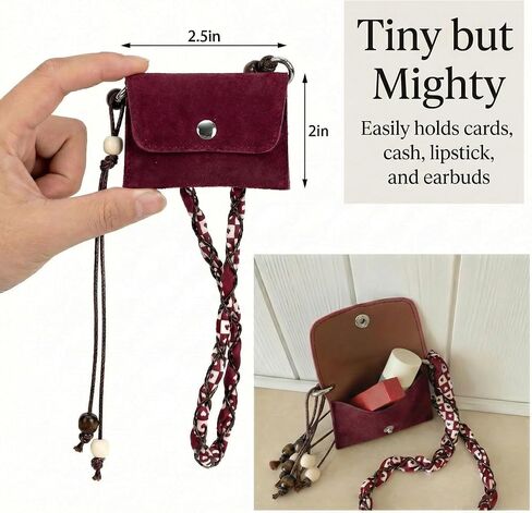 Western Mini Coin Purse Necklace Wallet – Boho Suede Small Change Pouch with Woven Strap, Vintage Cowgirl Bag Charm & Lipstick Holder, Matches Denim Outfits for Travel Festival, Burgundy Red in Saudi Arabia