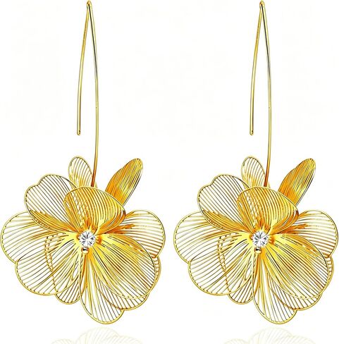 Gold Silver Flower Hoop Earrings for Women 14K Gold Plated Large Layered Flower Dangle Drop Earrings Wedding Party Holiday Birthday Gifts Lightweight Trendy Bohemian Jewelry Gift for Her in Saudi Arabia