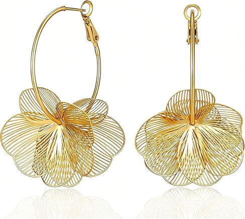Gold Silver Flower Hoop Earrings for Women 14K Gold Plated Large Layered Flower Dangle Drop Earrings Wedding Party Holiday Birthday Gifts Lightweight Trendy Bohemian Jewelry Gift for Her in Saudi Arabia