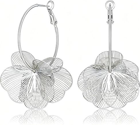 Gold Silver Flower Hoop Earrings for Women 14K Gold Plated Large Layered Flower Dangle Drop Earrings Wedding Party Holiday Birthday Gifts Lightweight Trendy Bohemian Jewelry Gift for Her in Saudi Arabia