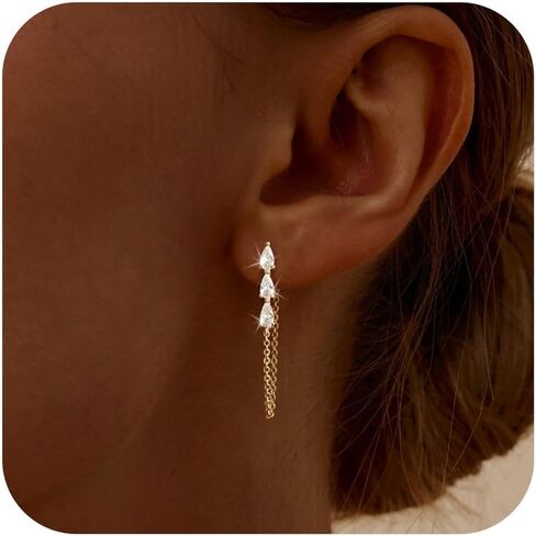 Gold Dangle Earrings for Women,Dainty 14k Gold Plated Pearl Drop Earring Stud Wedding Chain CZ Earring Small Cute Drop Stud Earrings for Women Trendy Bridesmaids Jewelry Personalized Gifts in Saudi Arabia