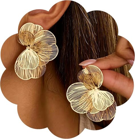 Gold Silver Flower Hoop Earrings for Women 14K Gold Plated Large Layered Flower Dangle Drop Earrings Wedding Party Holiday Birthday Gifts Lightweight Trendy Bohemian Jewelry Gift for Her in Saudi Arabia