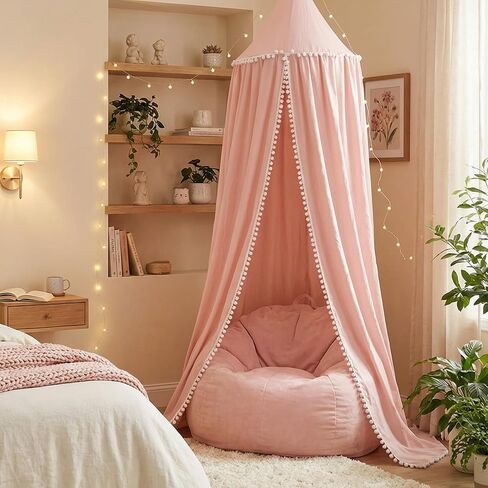 Kids Bed Canopy with Pom Pom Cotton Canopy for Crib Baby Girl Netting Cover Canopy Crib Curtain Reading Nook Hanging Tent Nursery Play Game Castle House Decoration (Gray Pompom) in Kuwait
