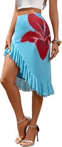 ZAFUL Women's Mesh Beach Skirt High Waisted Floral Print Asymmetrical Flowy Ruffle Bodycon Short Slit Skirts in Kuwait
