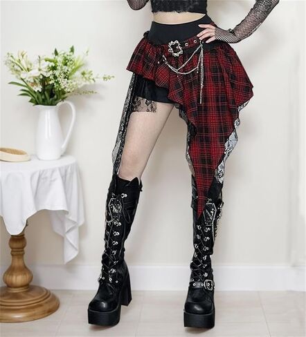 Punk Rock Plaid Skirt Women Goth Ruffled High Waisted Asymmetrical Ruffle Flowy Vintage in Saudi Arabia