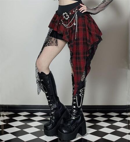 Punk Rock Plaid Skirt Women Goth Ruffled High Waisted Asymmetrical Ruffle Flowy Vintage in Saudi Arabia