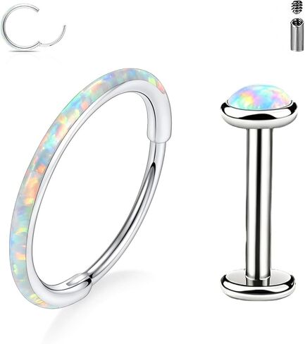 Opal Nose-Ring-Stud Earrings Set for Women - G23 Titanium Flat Back Nose Rings Studs Septum Hoop Labret Lip Piercing Jewelry Helix Cartilage Tragus Conch Rook Daith Hoops Earring for Womens Men in Saudi Arabia