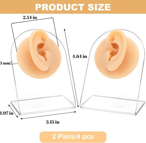 ZENFUN 4 Pack Soft Silicone Ear Model for Piercing Practice, Left and Right Flexible Fake Ear with Acrylic Stand, Realistic Ear for Earring Display, Acupuncture Teaching Tool in Kuwait