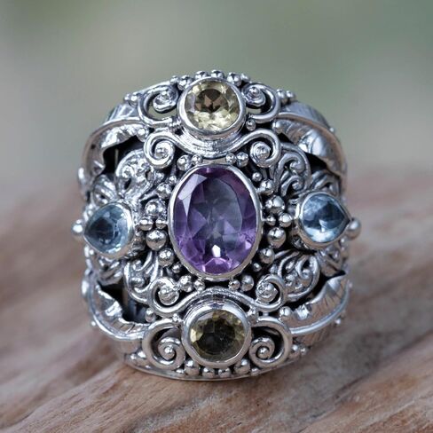 NOVICA Artisan اليدوية .925 خاتم كوكتيل من الفضة الإسترليني والجمشت والتوباز الأزرق من إندونيسيا، "ملكة الفراشة" in Kuwait
