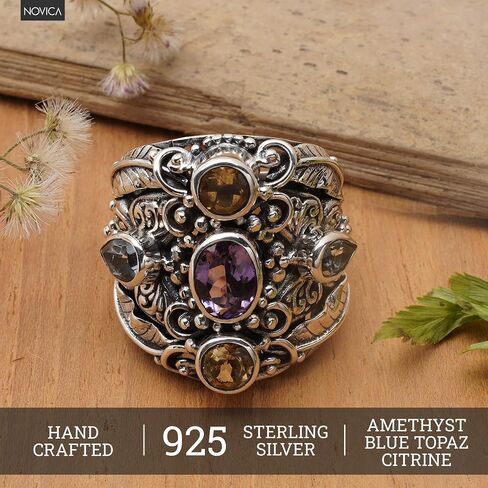 NOVICA Artisan اليدوية .925 خاتم كوكتيل من الفضة الإسترليني والجمشت والتوباز الأزرق من إندونيسيا، "ملكة الفراشة" in Kuwait