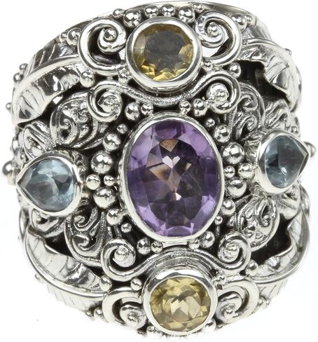 NOVICA Artisan اليدوية .925 خاتم كوكتيل من الفضة الإسترليني والجمشت والتوباز الأزرق من إندونيسيا، "ملكة الفراشة" in Kuwait