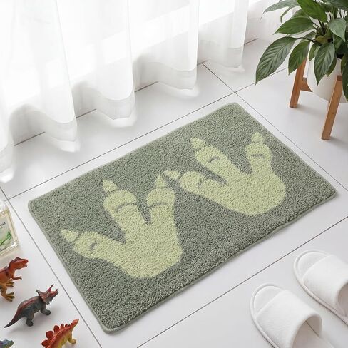 Tinideya Dinosaur Footprints Bath Rug 32 x 20 Inch Tufted Cotton Bath Mat Non Slip Microfiber Rug Machine Washable Floor Mat for Boys Bathroom Shower Bedroom Decor(Green) in Kuwait