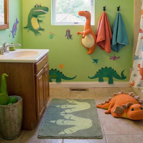Tinideya Dinosaur Footprints Bath Rug 32 x 20 Inch Tufted Cotton Bath Mat Non Slip Microfiber Rug Machine Washable Floor Mat for Boys Bathroom Shower Bedroom Decor(Green) in Kuwait