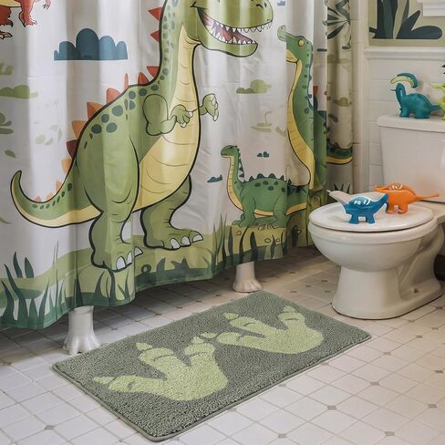Tinideya Dinosaur Footprints Bath Rug 32 x 20 Inch Tufted Cotton Bath Mat Non Slip Microfiber Rug Machine Washable Floor Mat for Boys Bathroom Shower Bedroom Decor(Green) in Kuwait