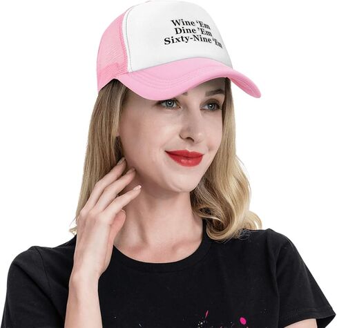 Wine Em Dine Em Sixty Nine Trucker Hat Funny Baseball Caps Unisex Classic Mesh Fishing Hat for Men and Women Pink in Saudi Arabia