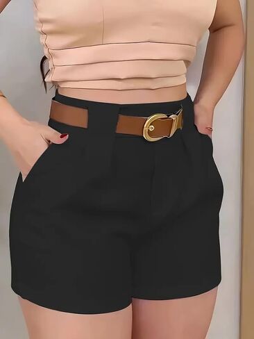 شورت نسائي صيفي كاجوال شورت عالي الخصر مطوي مع جيوب وحزام شورت ساخن متعدد الاستخدامات قابل للتنفس للارتداء اليومي والعطلات (أسود-M) in Kuwait