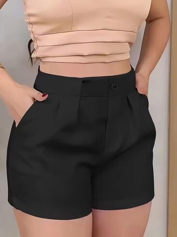 شورت نسائي صيفي كاجوال شورت عالي الخصر مطوي مع جيوب وحزام شورت ساخن متعدد الاستخدامات قابل للتنفس للارتداء اليومي والعطلات (أسود-M) in Kuwait