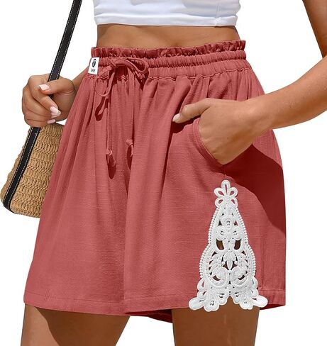 TARSE Womens Linen Shorts Elastic Waist Drawstring Lace Trim Casual Summer Lounge Beach Shorts with Pocket in Saudi Arabia