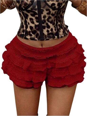 شورت نسائي قصير مكشكش من الدانتيل Y2K من OYOANGLE، طبقات متدرجة، سروال قصير ضيق للخروج in Kuwait