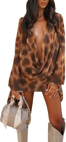 Women Sexy Cowl Neck Mini Dress Long Sleeve Print Flowy Mesh Going Out Club Party Dresses in Saudi Arabia