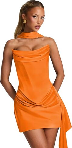 Satin Homecoming Dresses 2026 Cowl Neck Pleated Mini Cocktail Party Dress with Scarf in Saudi Arabia