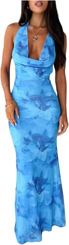 SHENHE Women's Floral Maxi Dress Halter Cowl Neck Backless Bodycon Mesh Wedding Guest Party Long Dress in Saudi Arabia