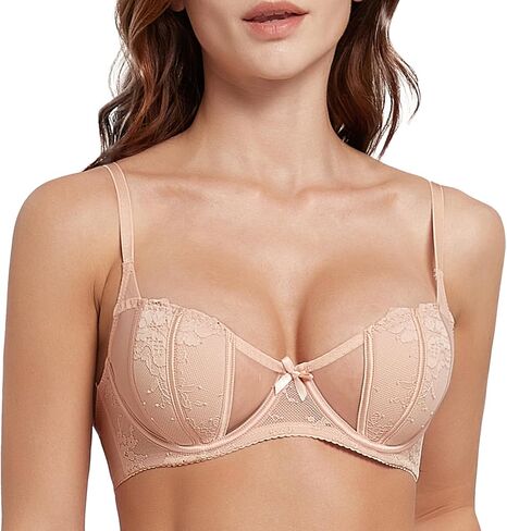 FEOYA Women Lace Bra Bralettes Unlined Mesh Sheer Push Up Lingerie Demi Unlined Underwire in Kuwait